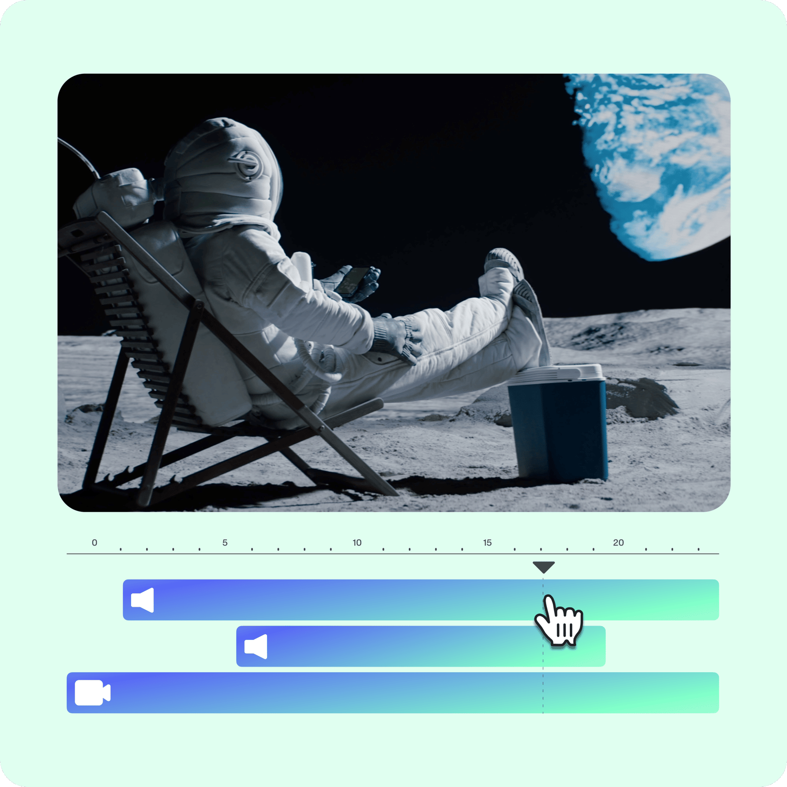 Astronaut relaxing in a lounge chair on the moon with a simple timeline control interface below, demonstrating VEED's intuitive video editing experience.