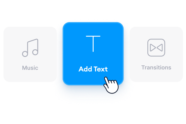 VEED's editing interface displaying three customization options: Add Text (highlighted in blue), Music, and Transitions.