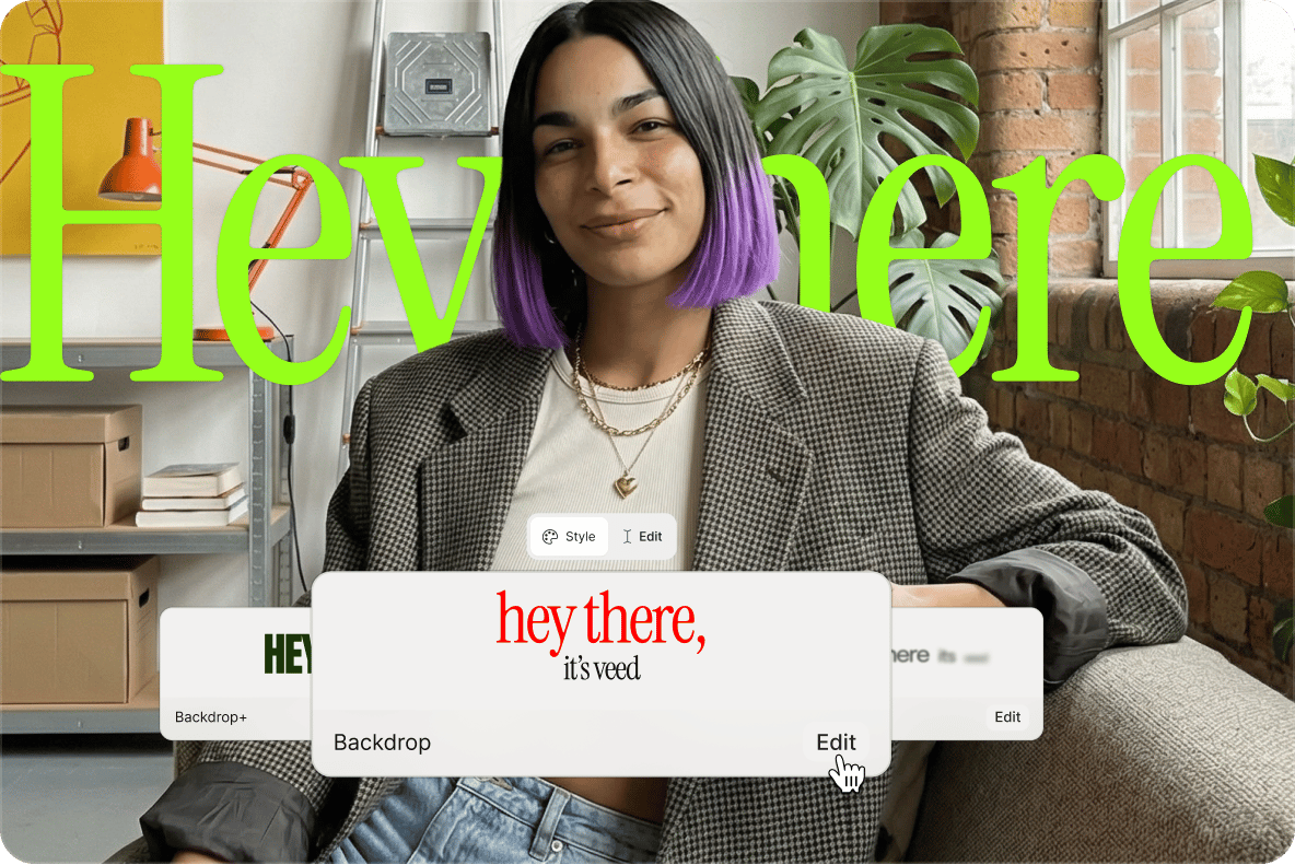 VEED's subtitle editor showing styled text overlays and a customized subtitle reading 'hey there, friend' on a video clip.
