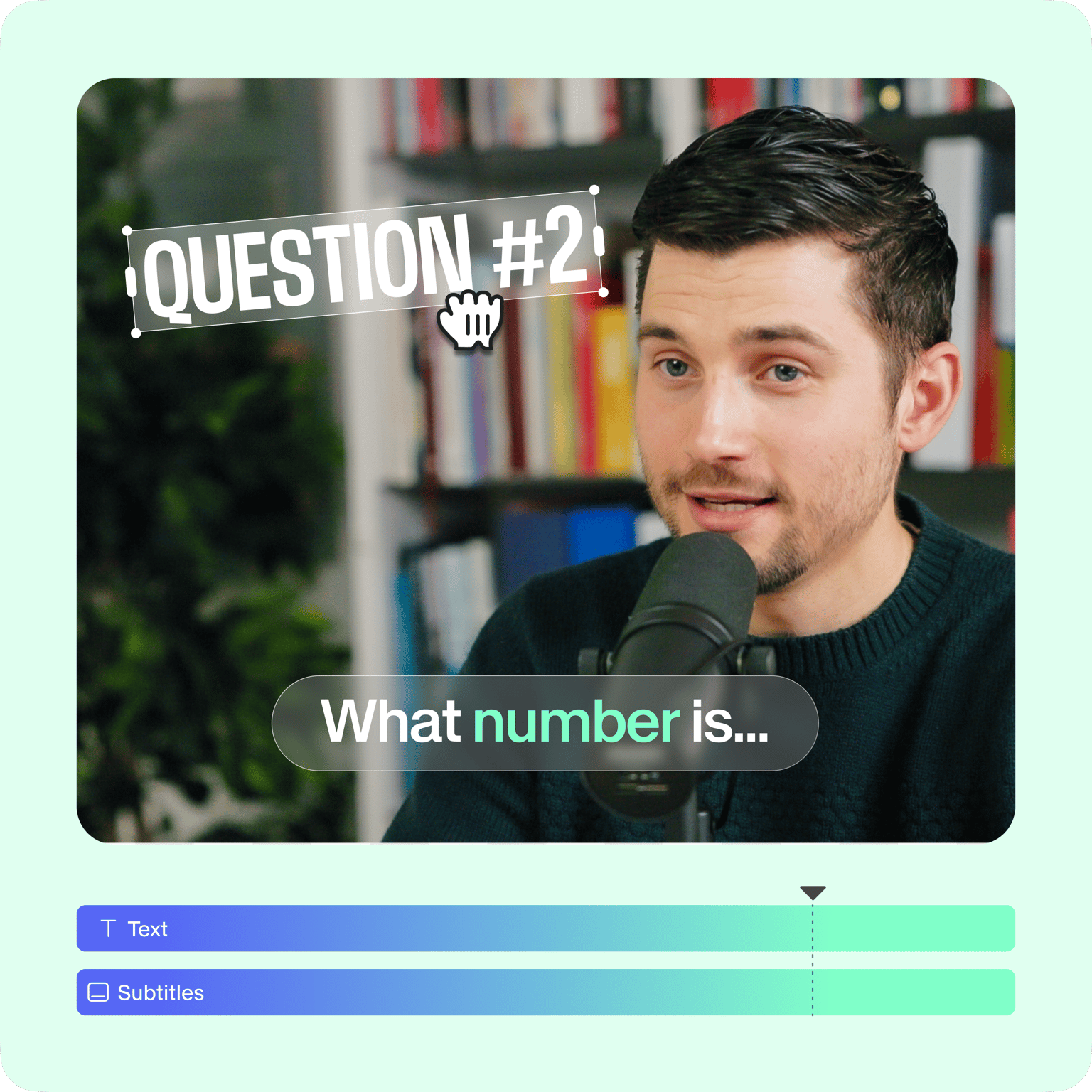 VEED's interactive video quiz showing question 'QUESTION #2: What number is...' with timeline controls for enhanced video learning.