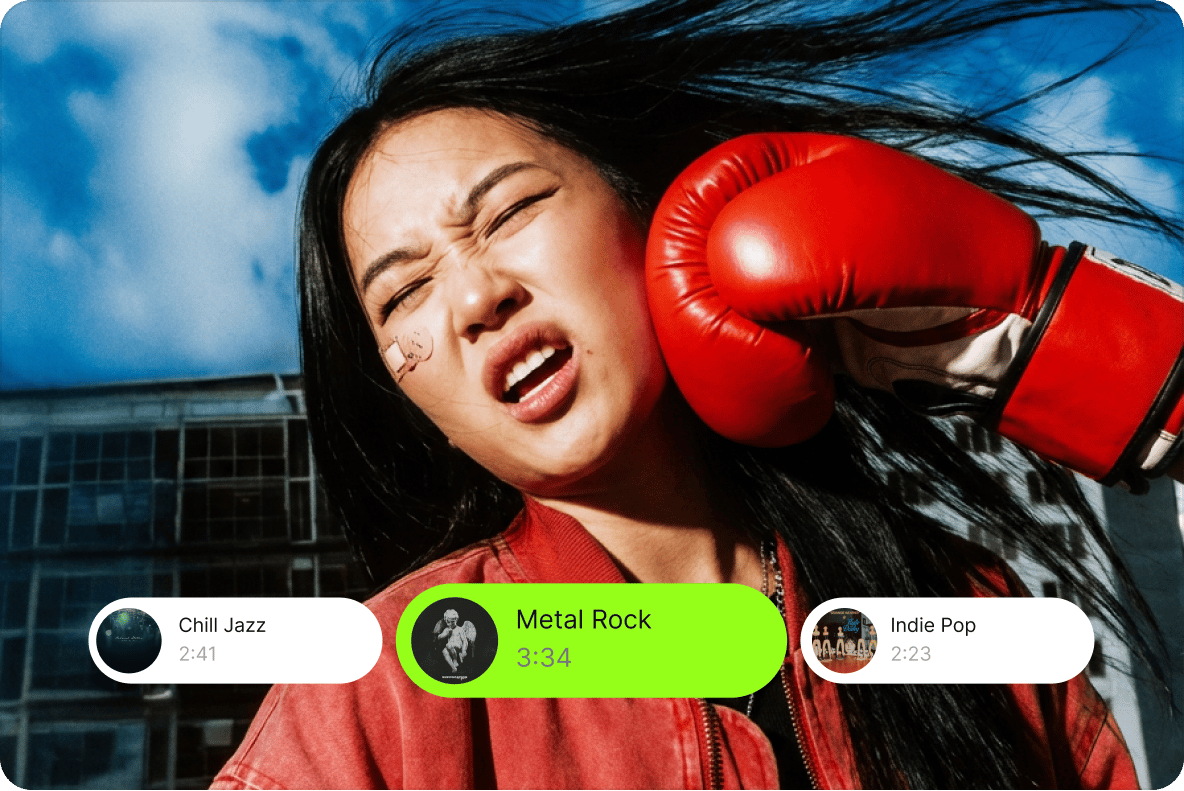 Woman getting hit with a boxing glove during a video editing sequence featuring music audio track selection badges.