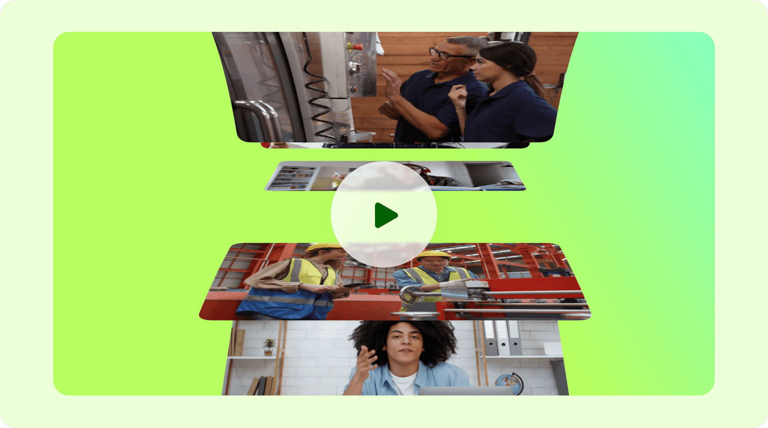 VEED's collaborative video creation platform across multiple devices, showing team members editing and reviewing video content with a play button in the center.
