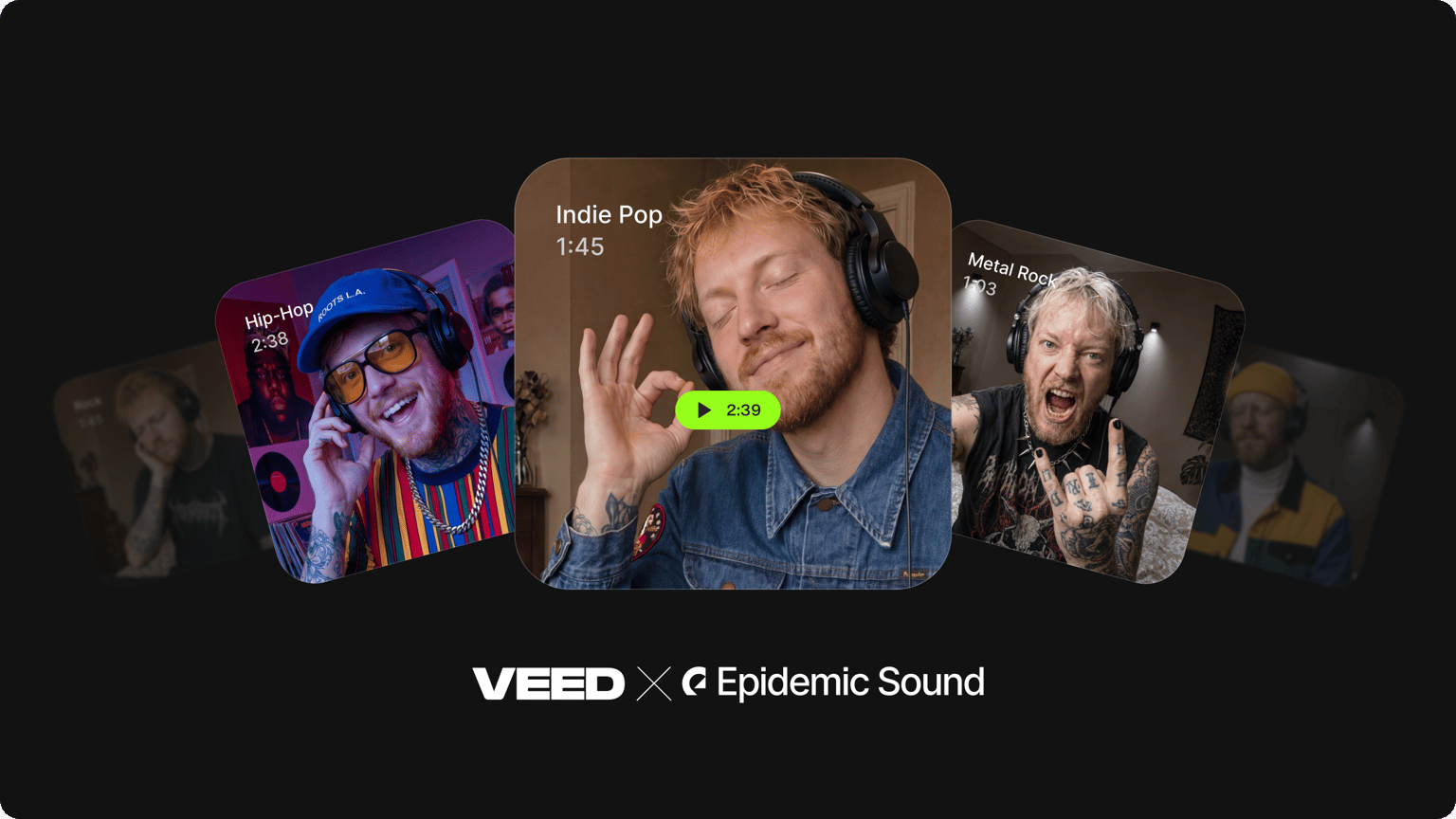 VEED's Epidemic Sound integration provides creators royalty-free music across genres including Indie Pop, Metal Rock, and more.