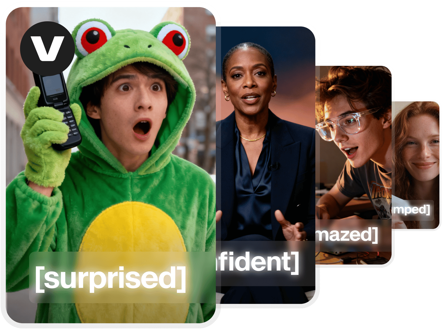 VEED's emotion detection labeling facial expressions as surprised, confident, bored, and excited across multiple video frames.