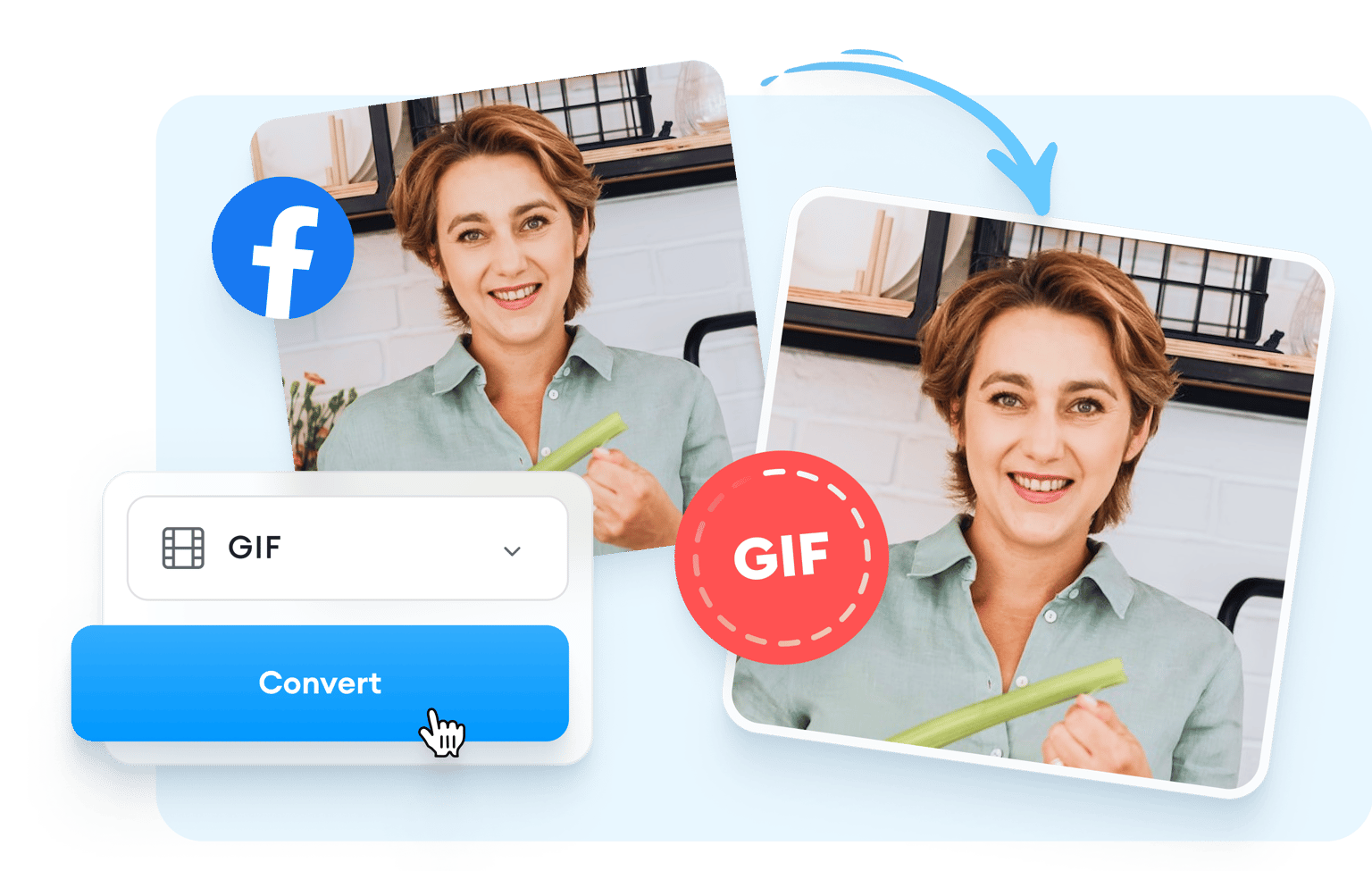 VEED's Facebook to GIF Converter transforms videos to animated GIFs, displaying input and output previews with a Convert button.