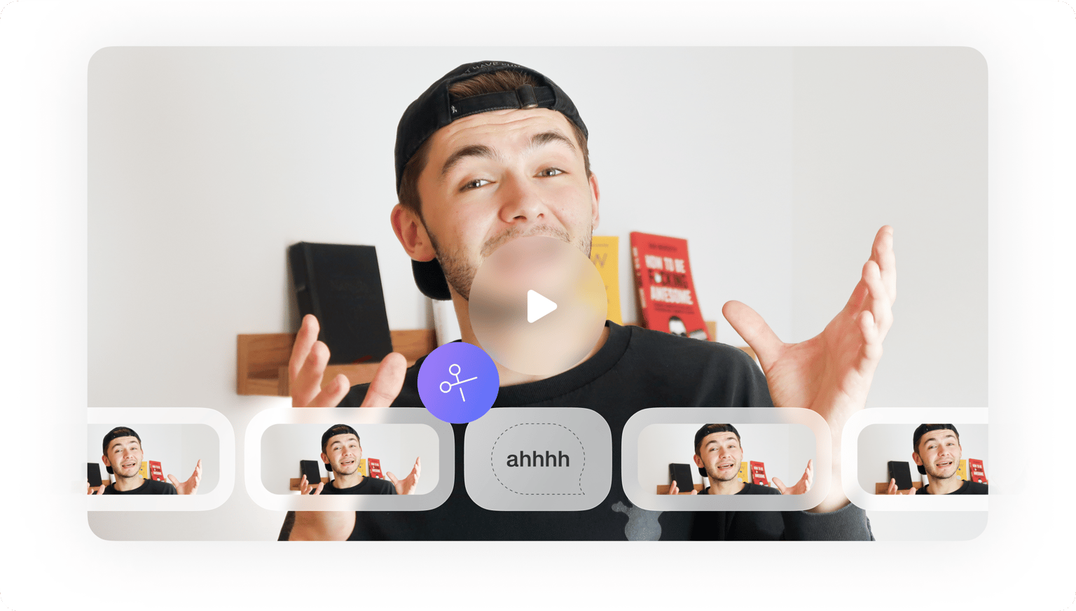 VEED's Filler Remover removes verbal filler words from video, shown with a speaker surrounded by participant video tiles.