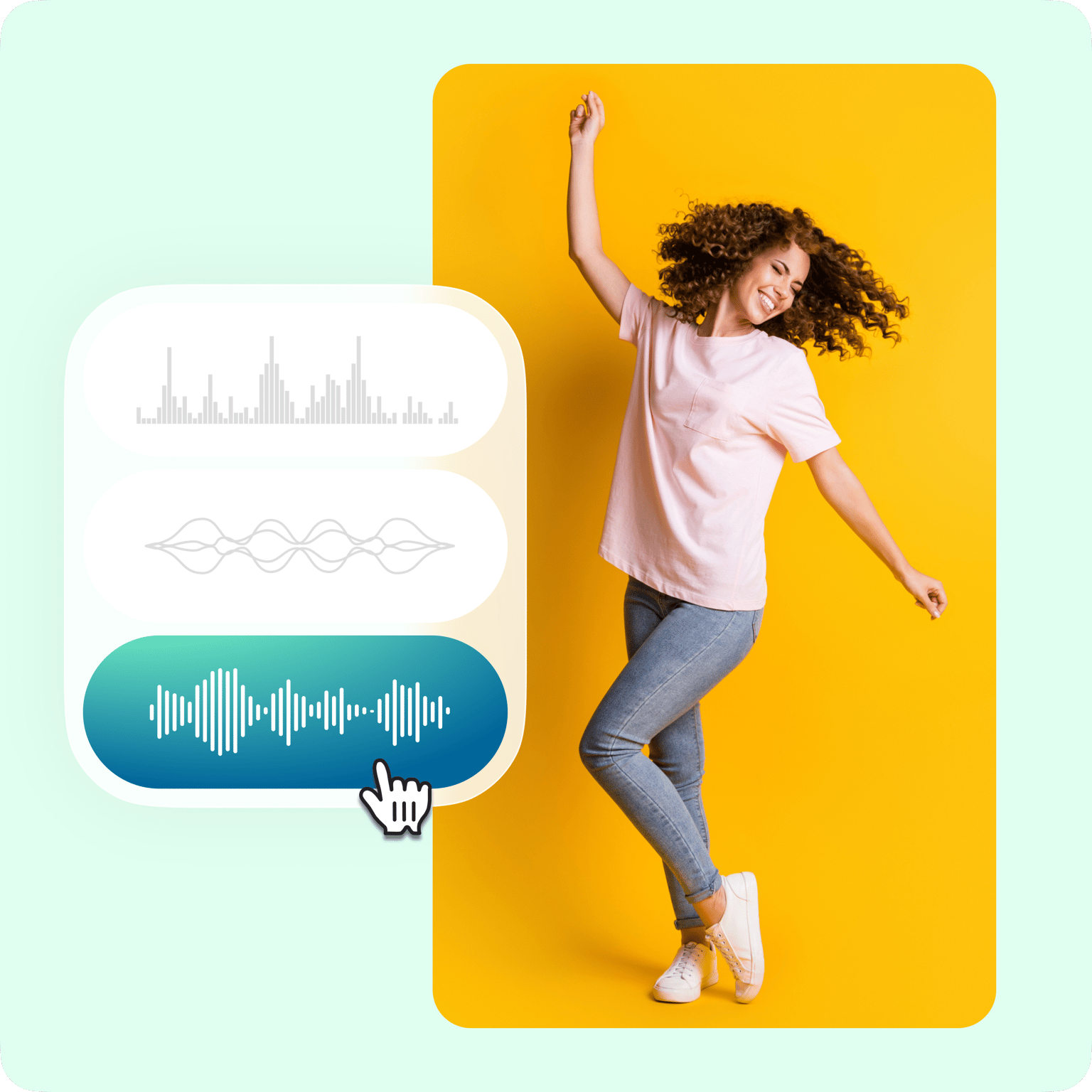VEED's music and effects editor with audio waveform controls, depicted with a person jumping in expressive creative motion.