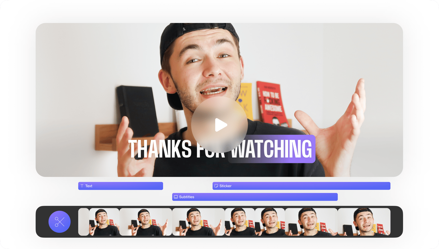 VEED's video editor end-screen feature displaying 'THANKS FOR WATCHING' text with video thumbnail recommendations below.