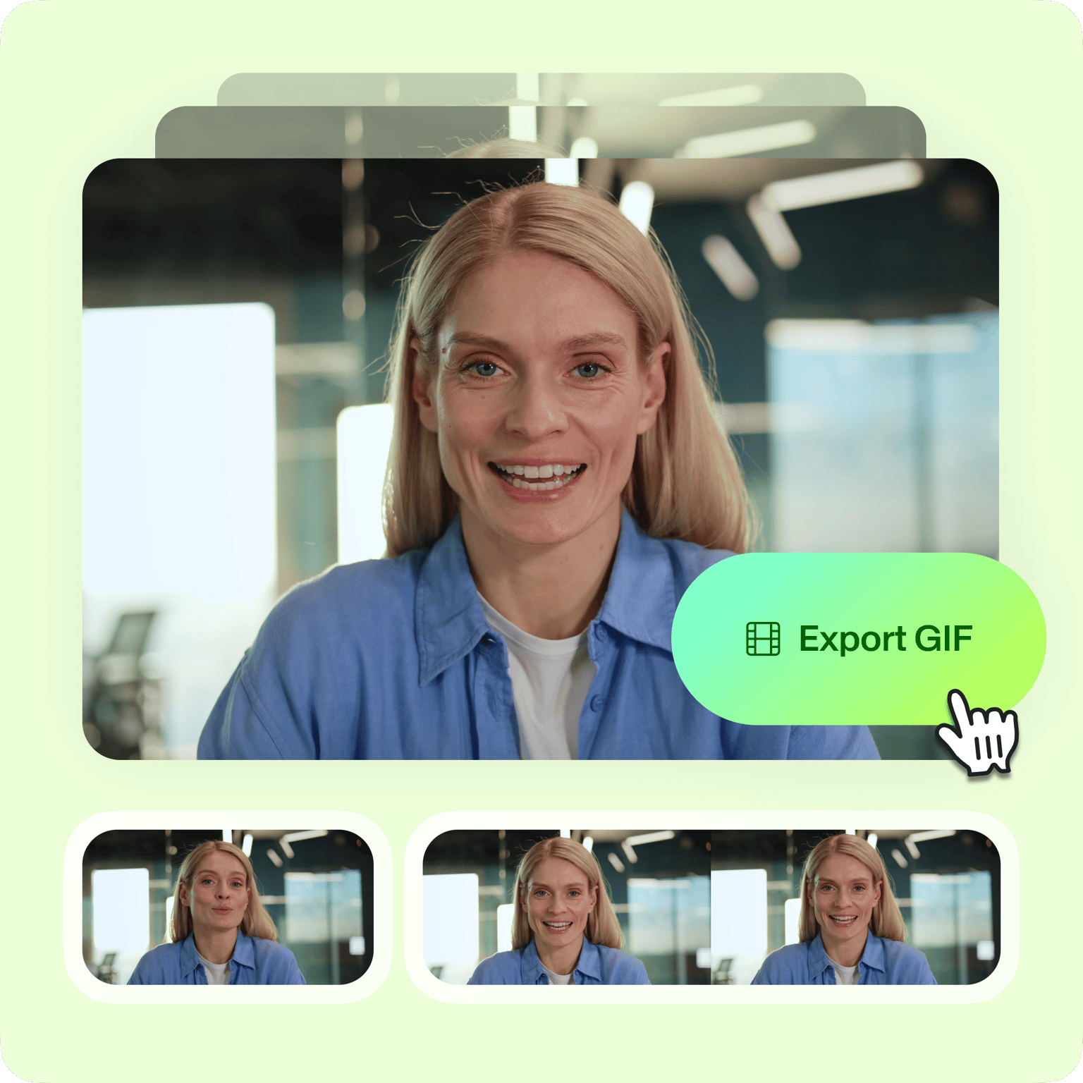 Woman using VEED's GIF converter with an Export GIF button displayed to convert video to animated format.