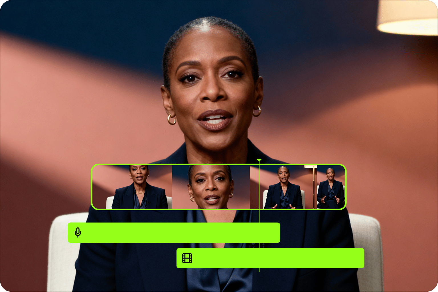 Woman using VEED's video editing interface with a green timeline.