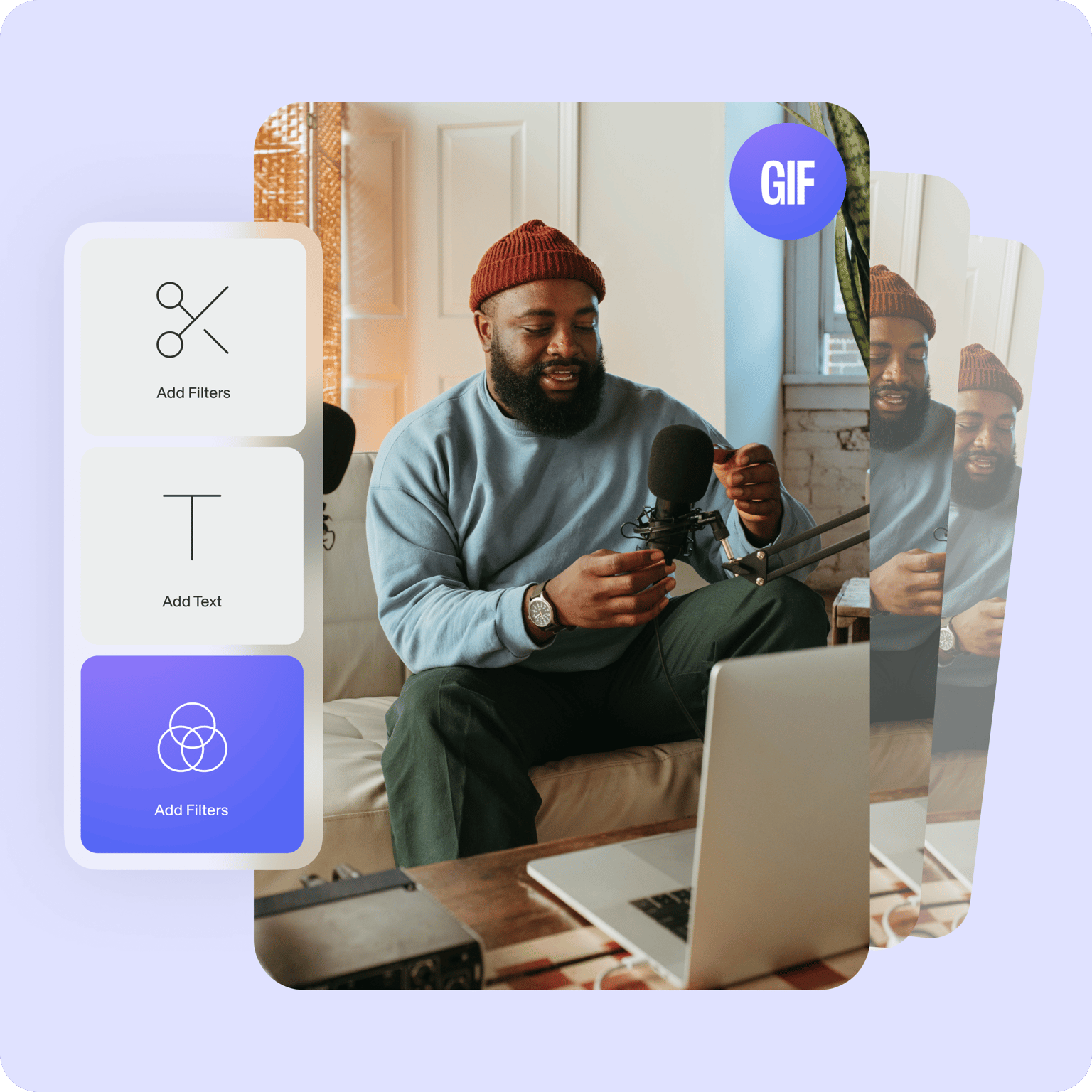 VEED's GIF tool and editing features interface, showing a user creating content with the platform on a laptop.