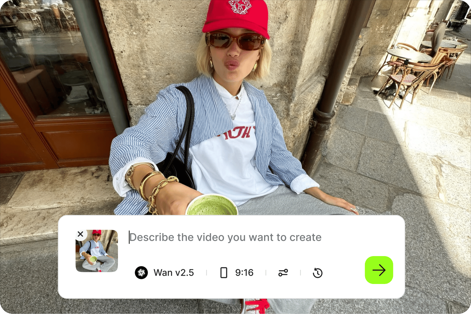 VEED's video generator with text prompt 'Describe that video you want to create' generates videos from images.