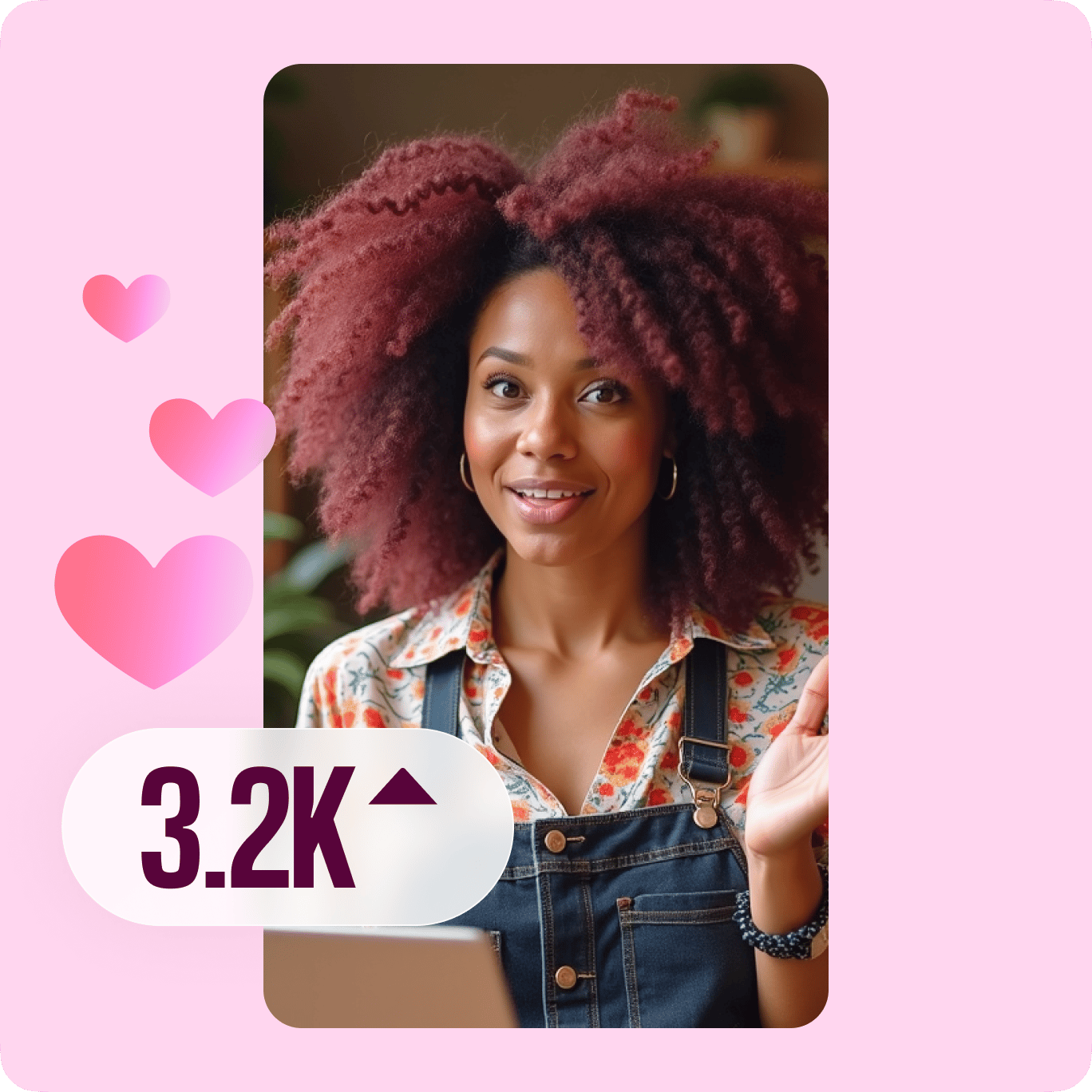 Person surrounded by heart icons with a 3.2K metric, illustrating social media engagement and audience growth.