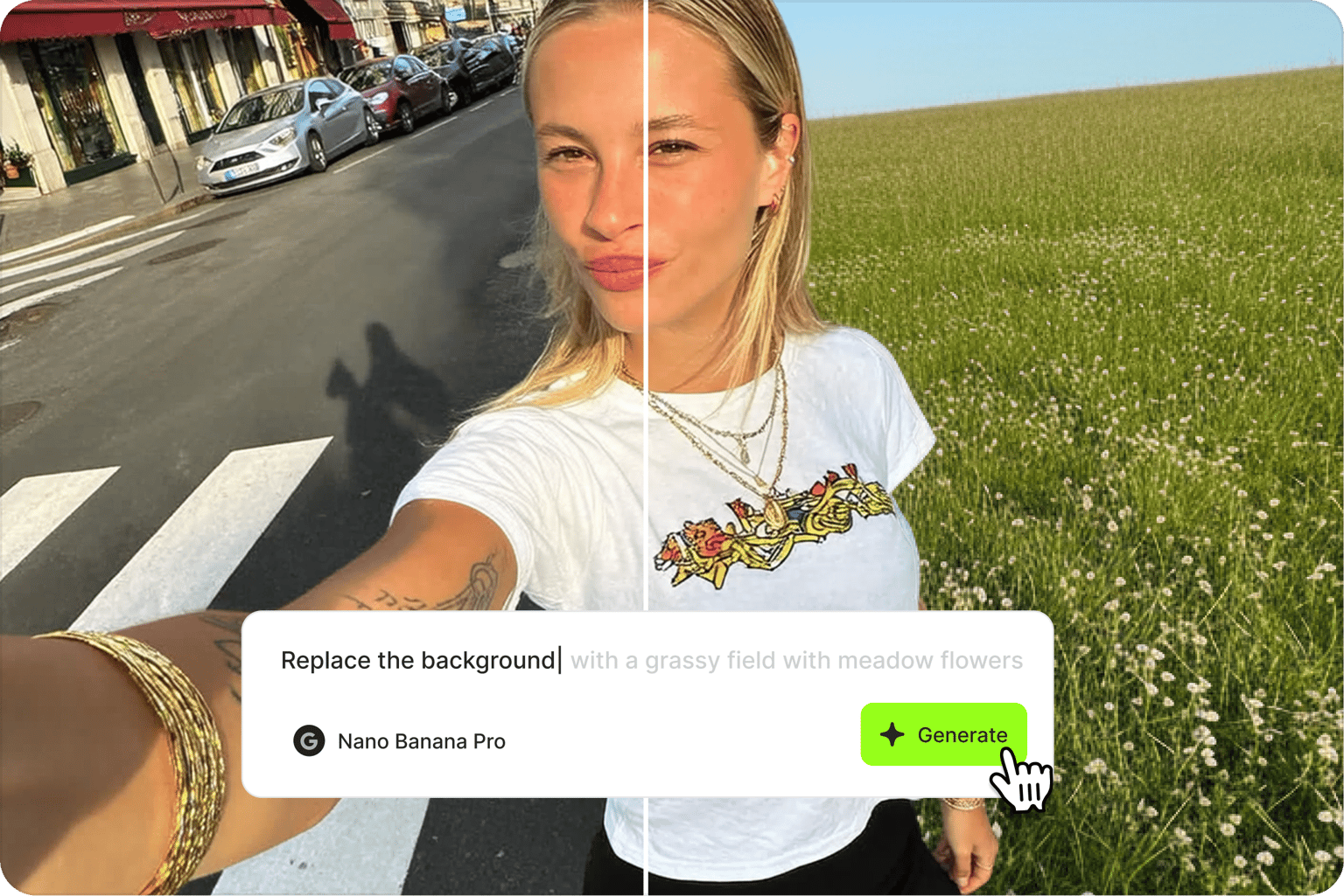 VEED's AI background remover showing a street photo replaced with a green field using the 'Remove background AI' control.