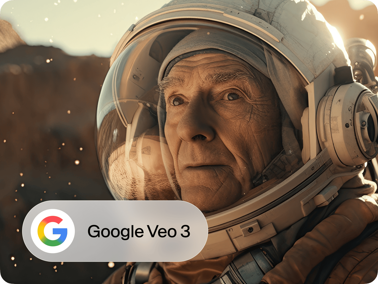 Google Veo 3 logo paired with a dramatic AI-generated video preview showing an astronaut in space.