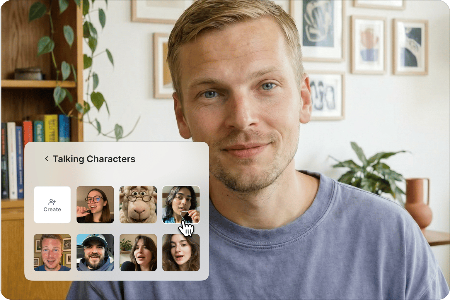 VEED's Talking Characters tool displaying available animated avatars for character replacement in videos.