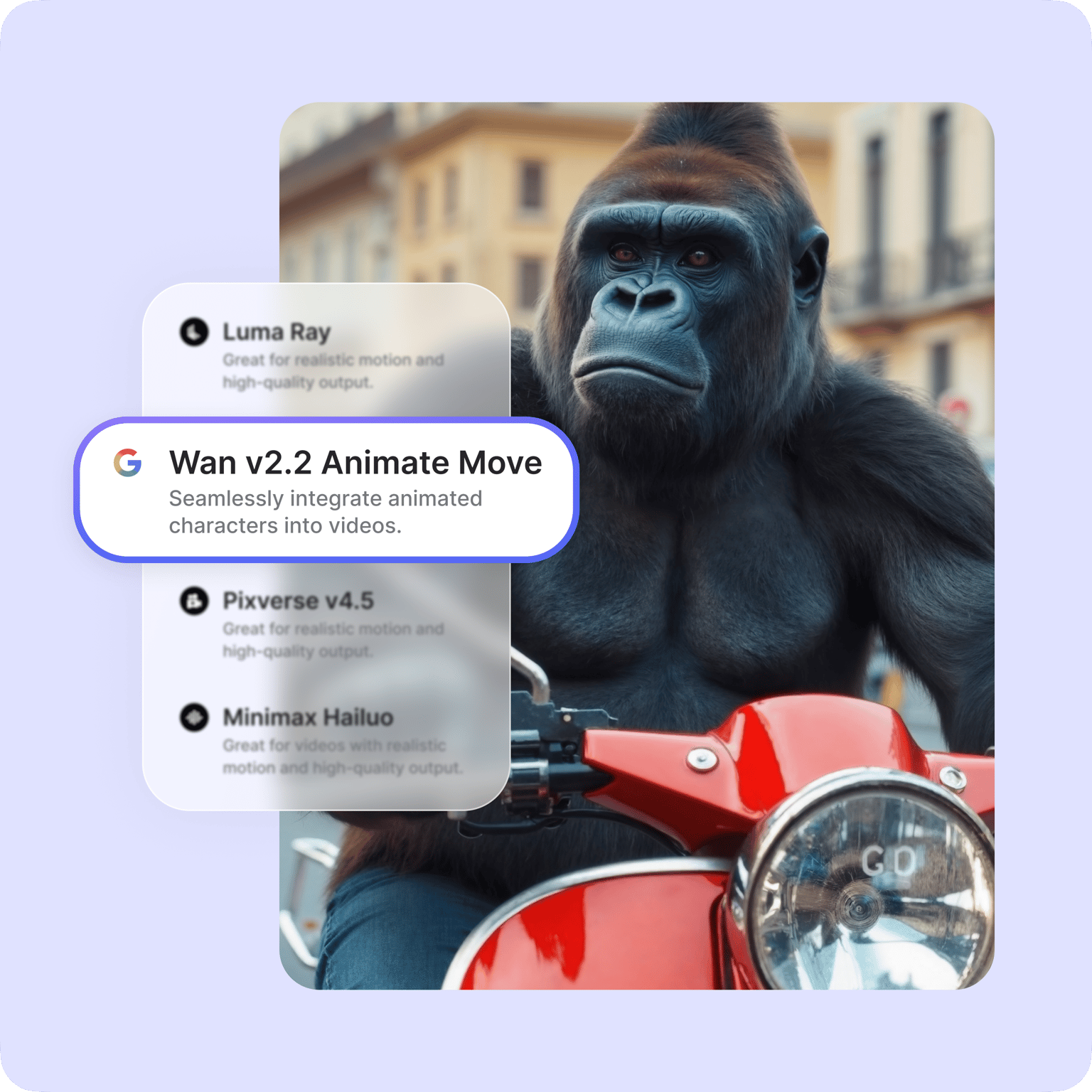 VEED's Warn v2.2 Animate Movie showing seamless integration of a photorealistic gorilla character on a red scooter.
