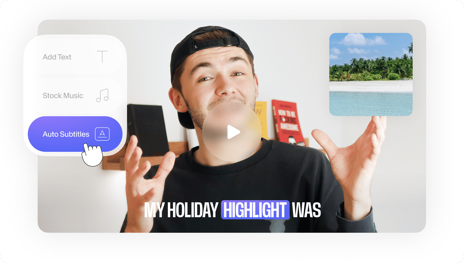 VEED's Holiday Video Maker showing video editing tools for seasonal marketing with text 'MY HOLIDAY MARKETING WAS'.