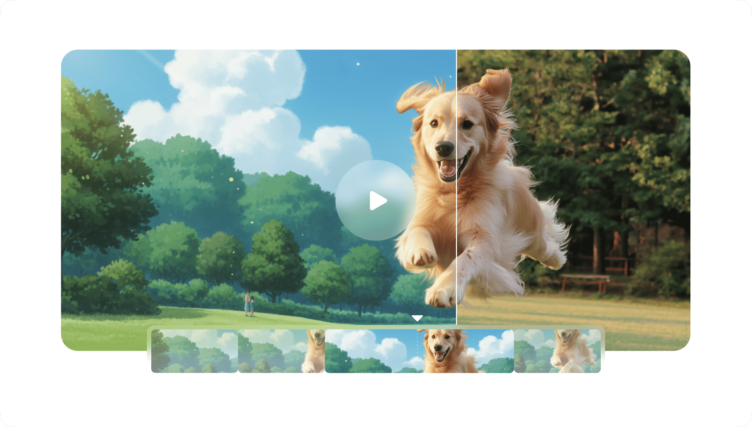VEED's AI tool generating anime-style video variations from a photo of a golden retriever in a natural outdoor setting.