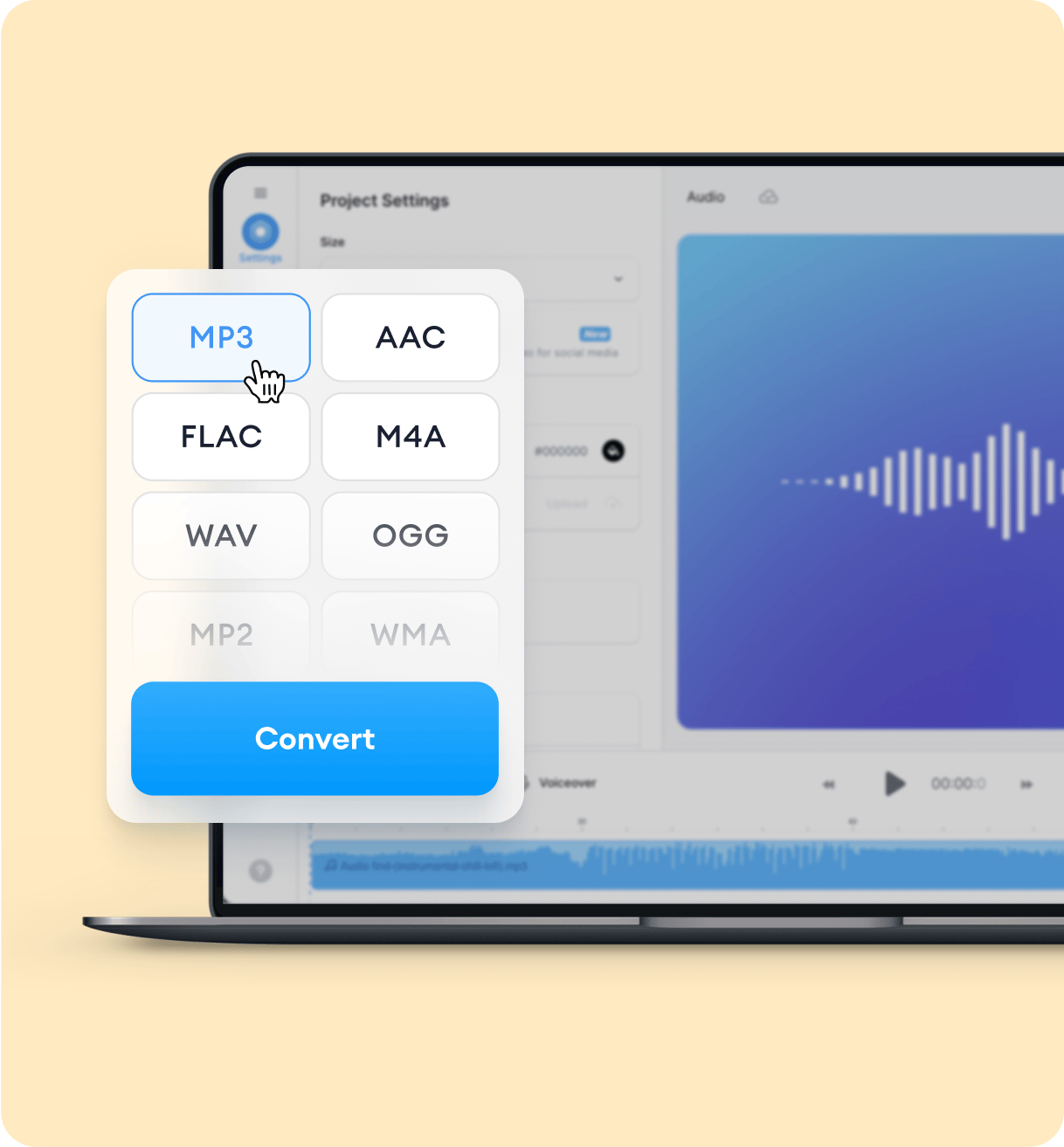VEED's Audio Converter displaying MP3, AAC, FLAC, M4A, WAV, and OGG format options with a Convert button.