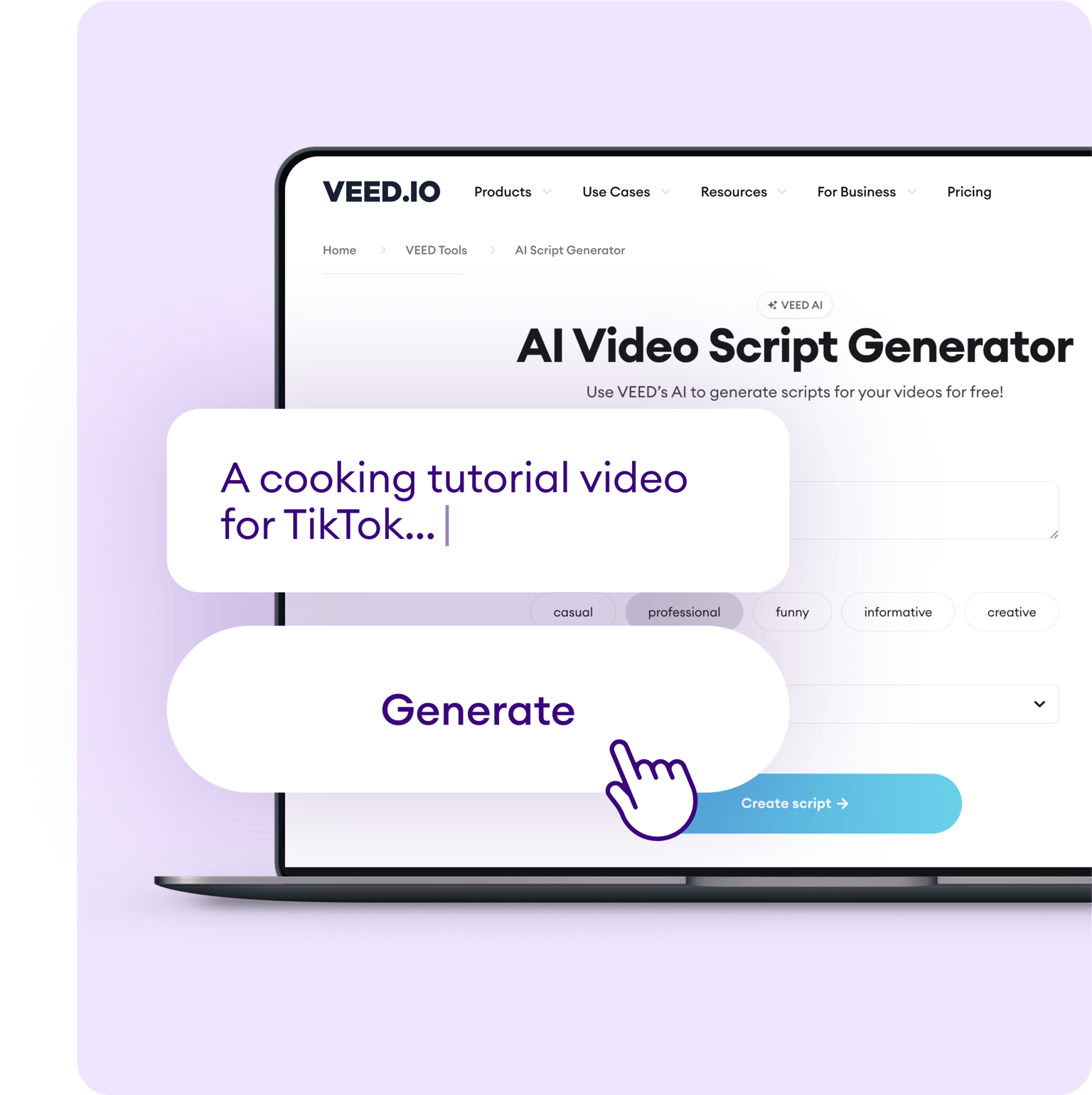 VEED's AI Video Script Generator with example prompt 'A cooking tutorial video for TikTok,' tone tags, and Generate button.