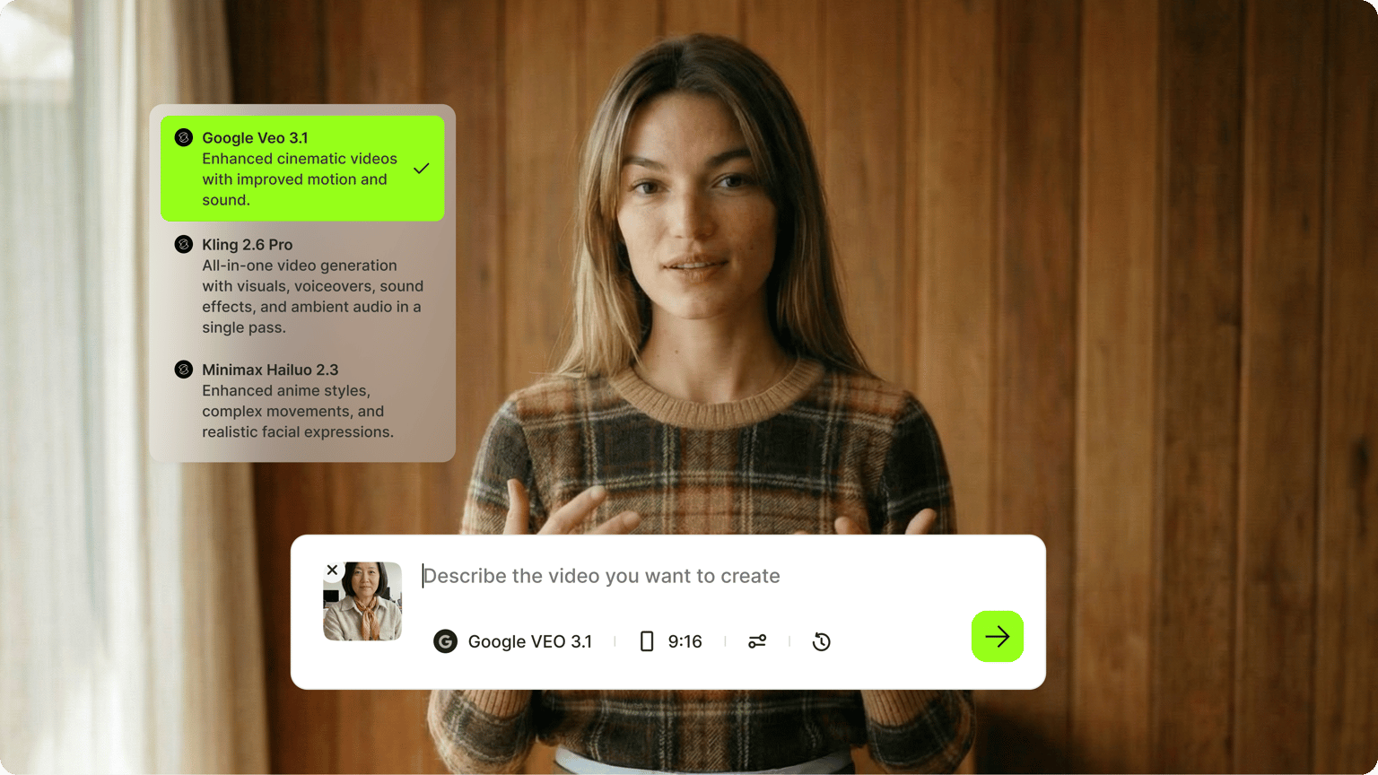 VEED's Image to Video AI showing how to convert a portrait image to video with text overlay and social media sharing options.