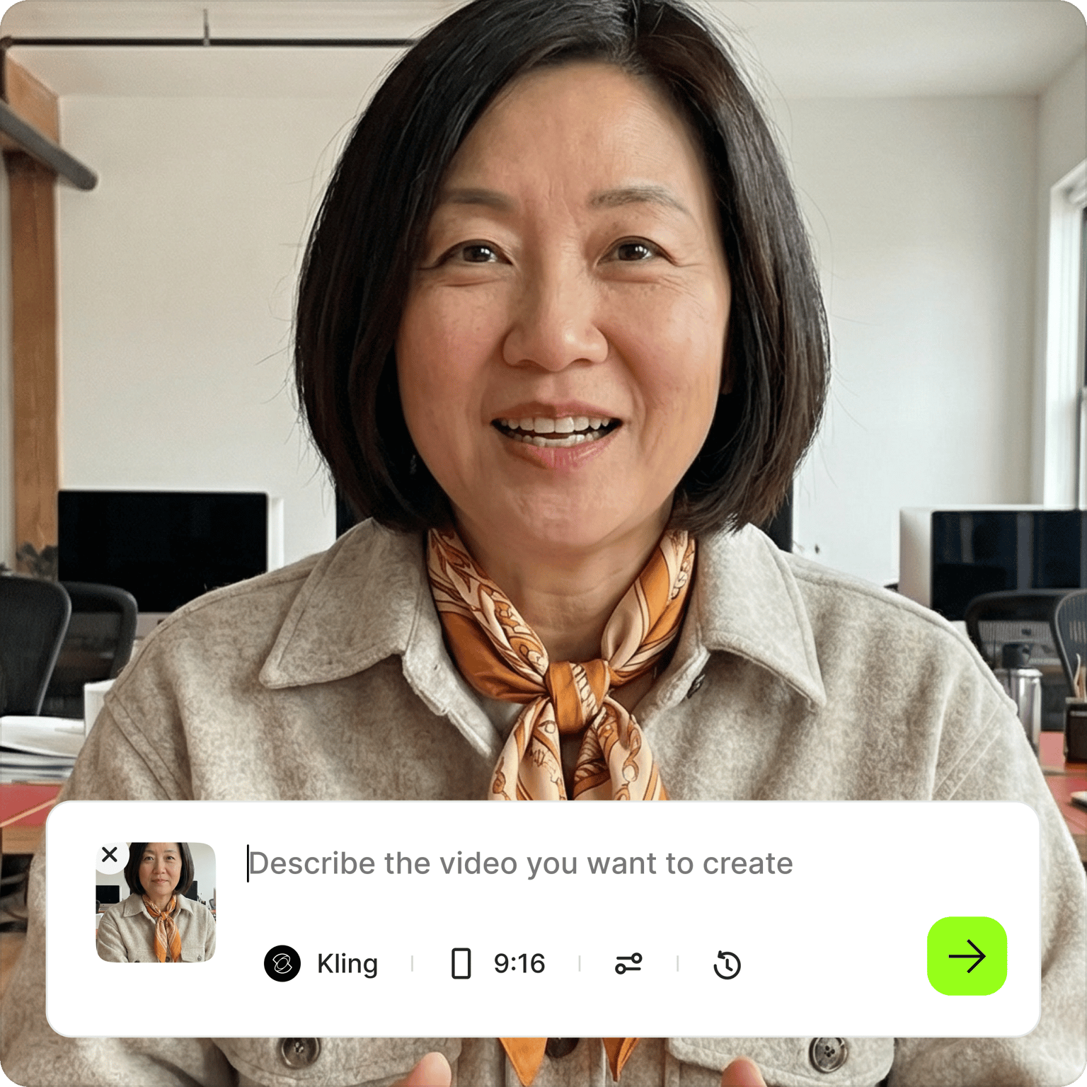 VEED's Image to Video AI interface with prompt 'Describe the video you want to create' and format/playback controls.
