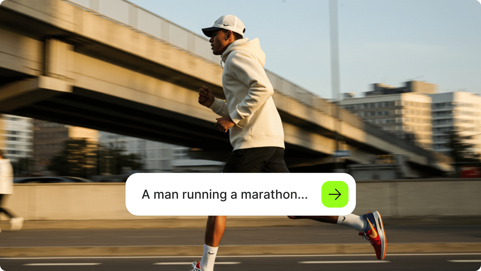 VEED's Image to Video generator creating motion from a static image of a runner, labeled 'A man running a marathon.'