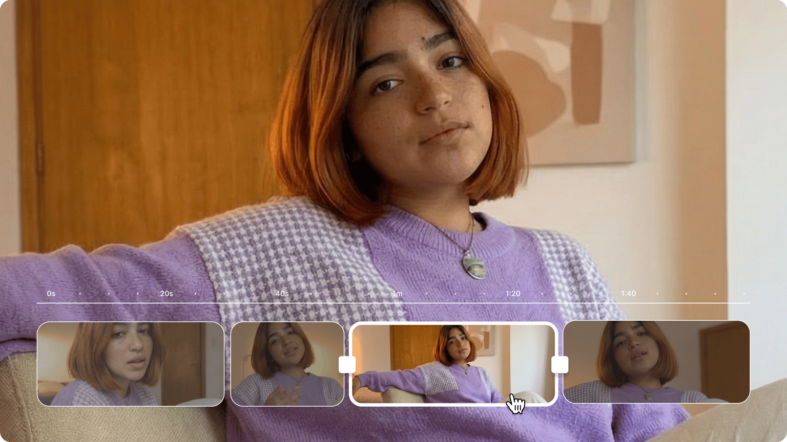Images to video demo showing an editing timeline with multiple image clips of a woman in a purple sweater