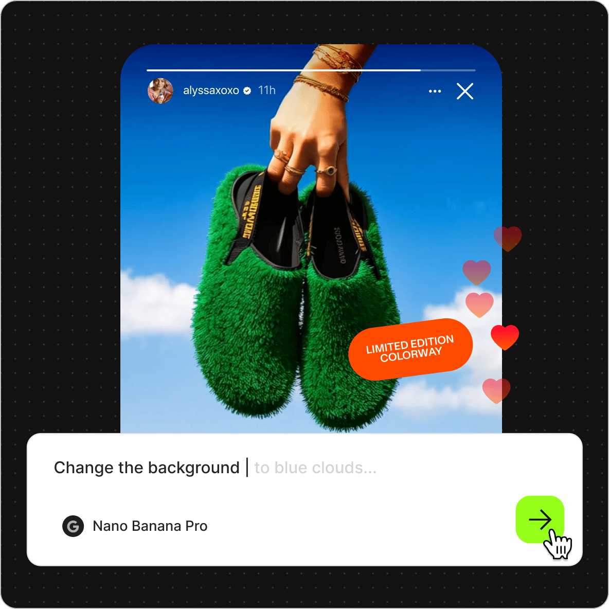 AI editor modifying an Instagram story template using a text prompt to change the sky background