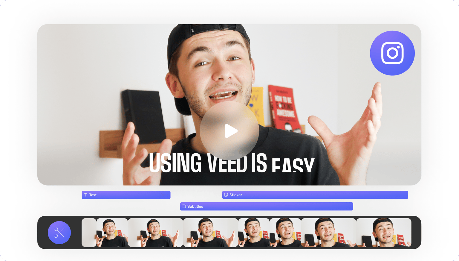 VEED's Instagram Video Maker showing "USING VEED IS EASY" with mobile editing interface and video carousel.