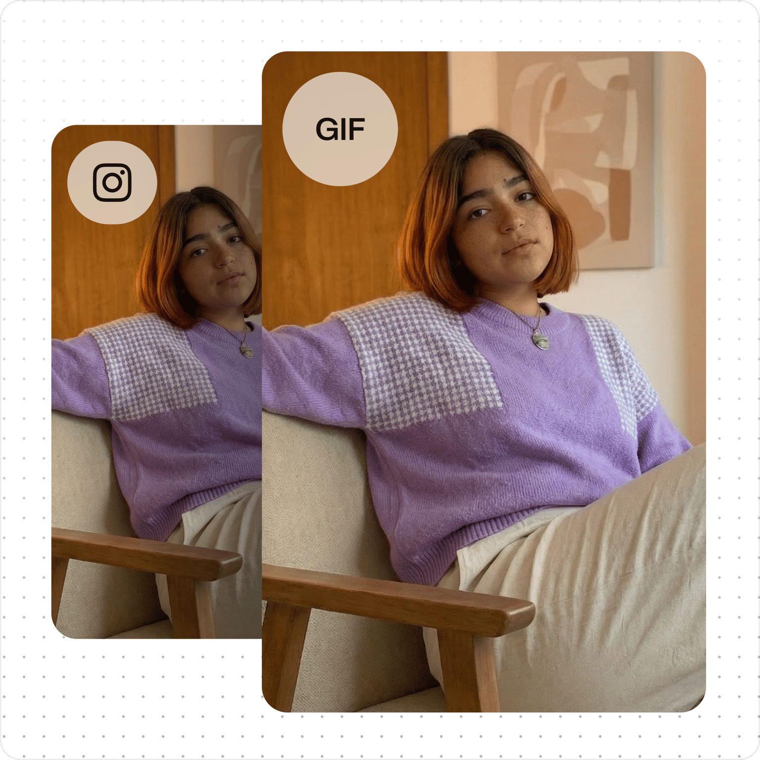 Instagram video to GIF tool showing an Instagram logo and GIF text over a seated woman wearing a purple sweater
