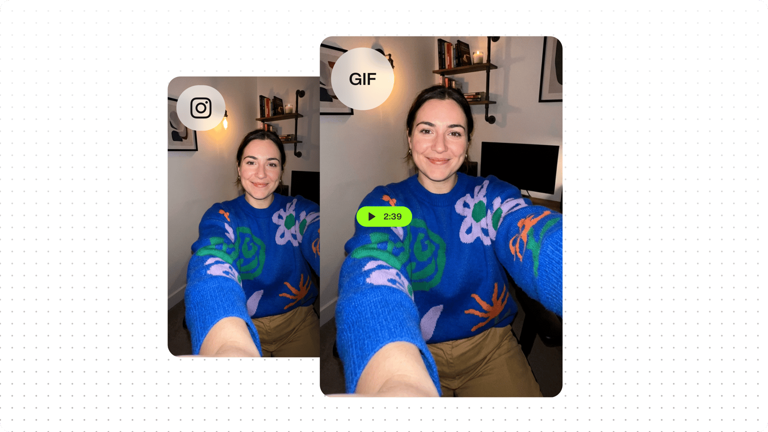 Instagram video to GIF demo showing an Instagram logo and GIF text over a video of a smiling woman in a blue sweater