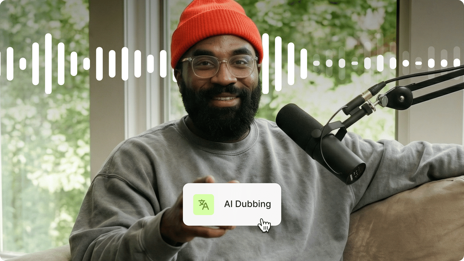An AI Dubbing menu option selected over a smiling man with an orange beanie hosting a podcast with soundwaves.