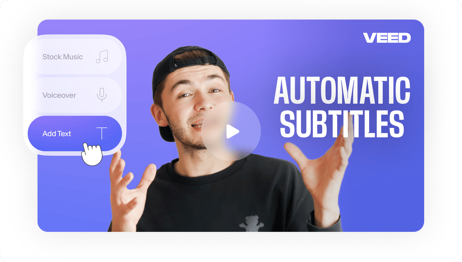 VEED's Intro Maker showcasing AUTOMATIC SUBTITLES with editing tools for stock music, voiceover, and text.