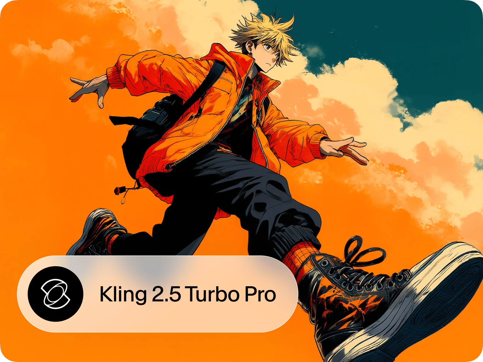 Kling 2.5 Turbo Pro video generation tool badge featuring a dynamic figure in motion against an orange and teal background.