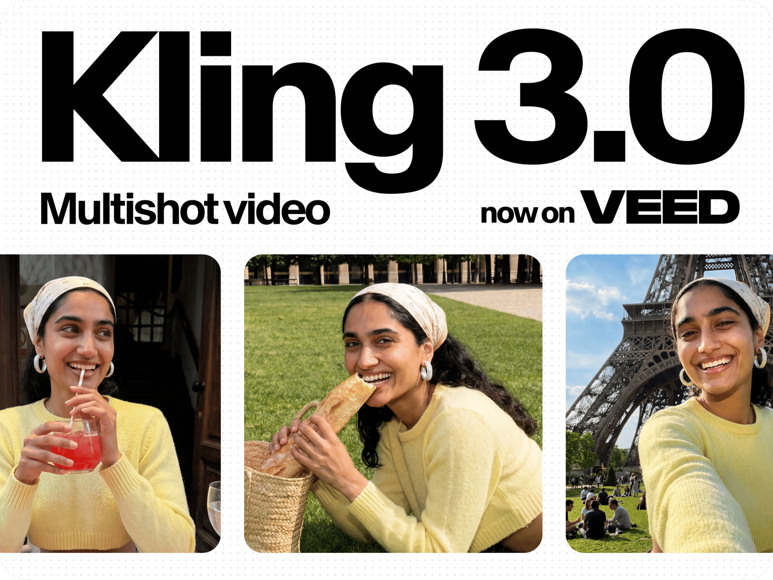 Kling 3.0 multishot video now on VEED, showcasing AI-generated video scenes with a person across different outdoor and indoor settings.