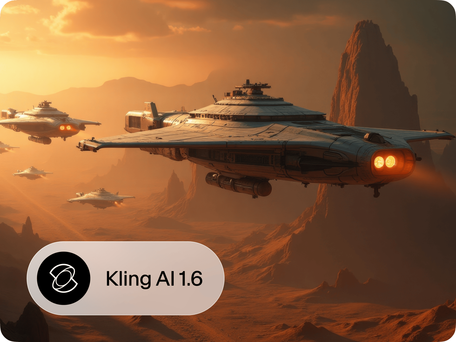 Kling AI 1.6 demonstrating AI video generation with futuristic spacecraft flying over a golden desert landscape.