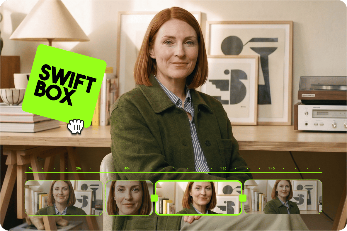 Redhead woman sitting by desk with a bright green Swift Box logo overlay inside VEED video workflow workspace.