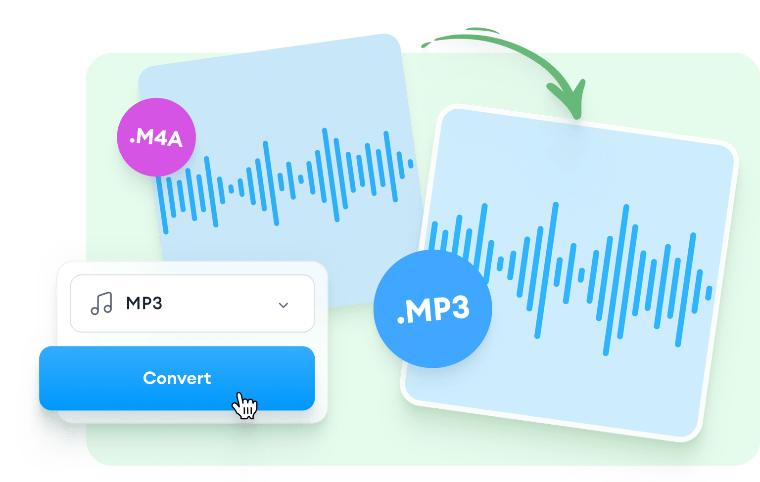 VEED's M4A to MP3 converter showing audio file conversion from M4A format to MP3 format via the Convert button.