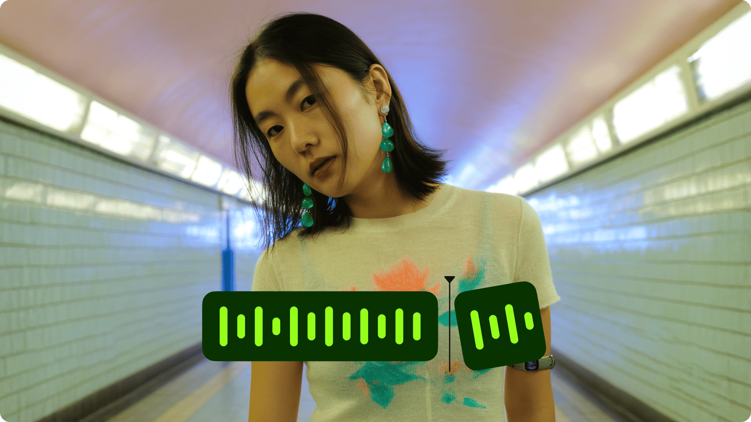 MP3 cutter demo thumbnail showing a green audio waveform being sliced over a video of a woman in a tiled tunnel