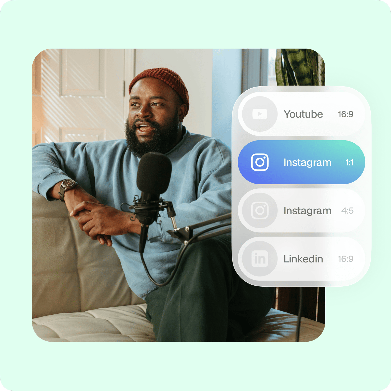 VEED's video resizer showing platform format options including YouTube (16:9), Instagram (1:1), and LinkedIn with Instagram's square format selected.