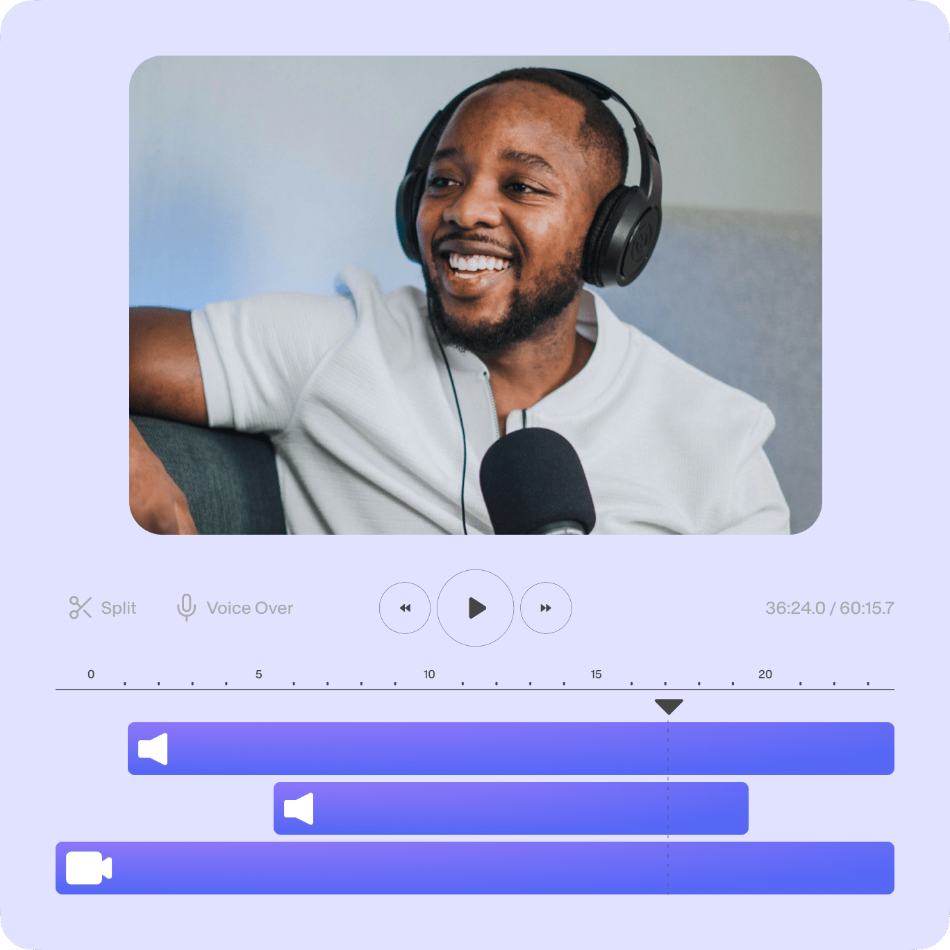 VEED's multi-track editor with podcast video and layered audio tracks for recording, editing, and hosting multiple streams.