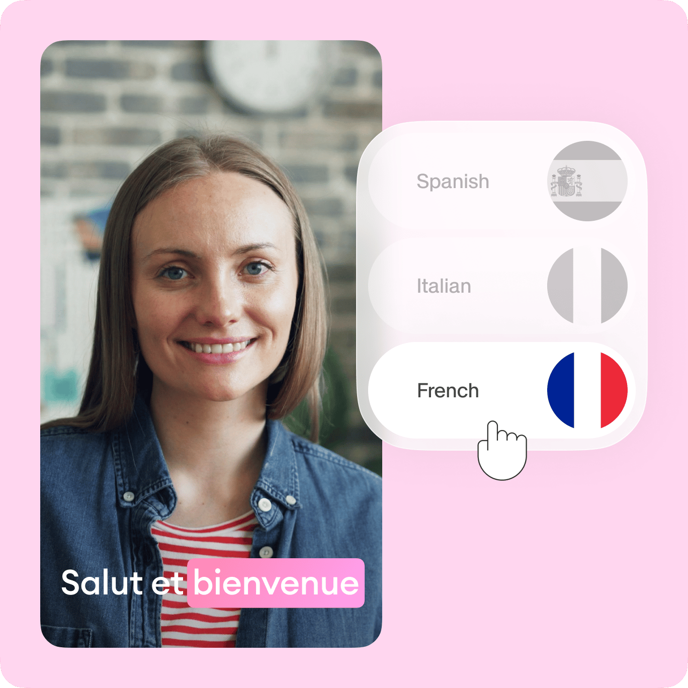 VEED's voice profile selector showing available languages (Spanish, Italian, French) with speaker greeting 'Salut et bienvenue'.