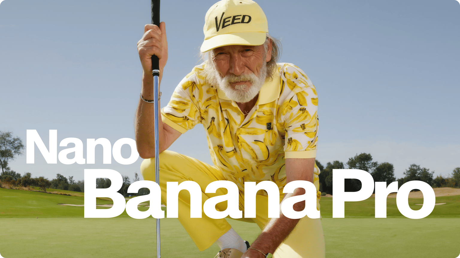Senior man on golf course wearing a yellow banana pattern shirt and VEED hat for Nano Banana Pro video tutorial.