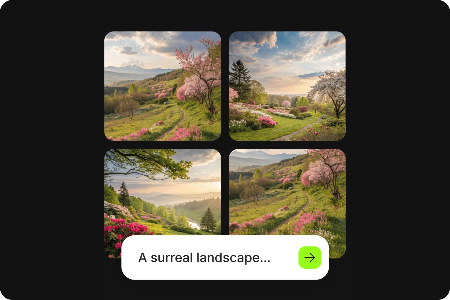 VEED's image generator showing four different landscape interpretations created from the prompt 'A surreal landscape...'.