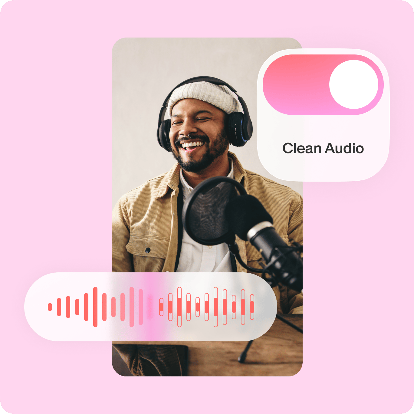 VEED's Clean Audio feature with enabled toggle and waveform visualization for professional podcast and voiceover audio.