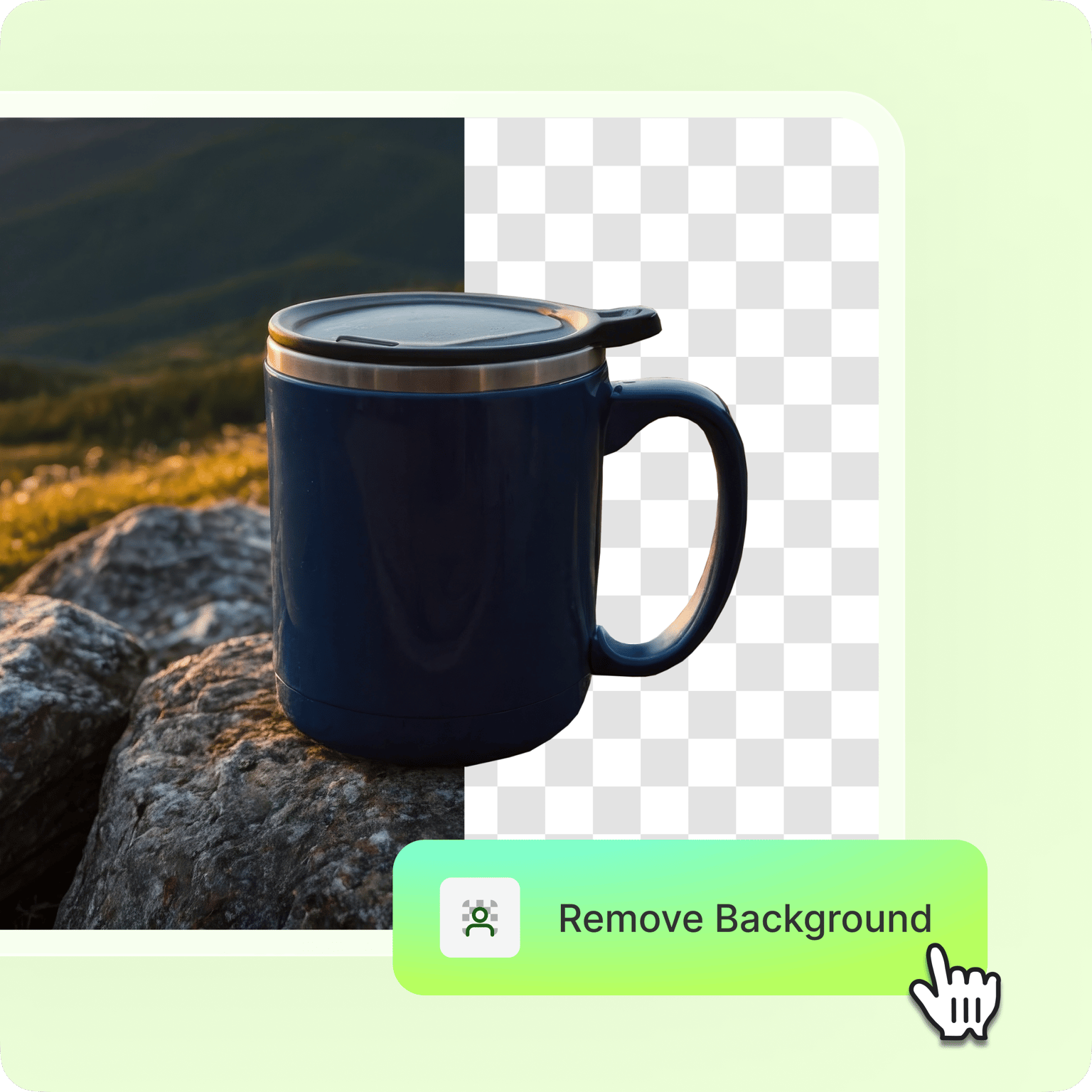 VEED's Background Removal demonstrating object mode: mug with background on left side, transparent background on right.