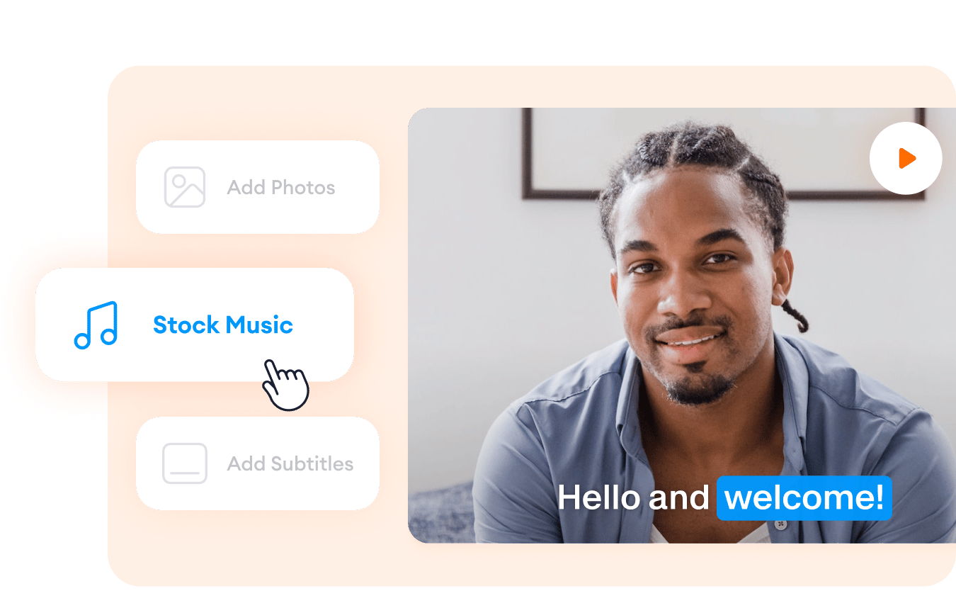 VEED's video editor showing options to add photos, use stock music, and add subtitles with video preview.
