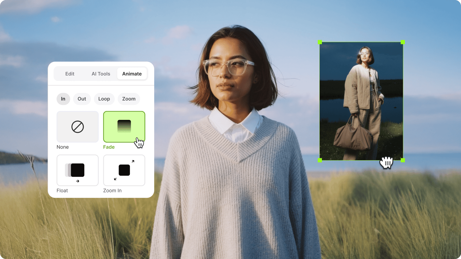 Woman in a sweater with a picture animation graphic in an online image editing platform interface.